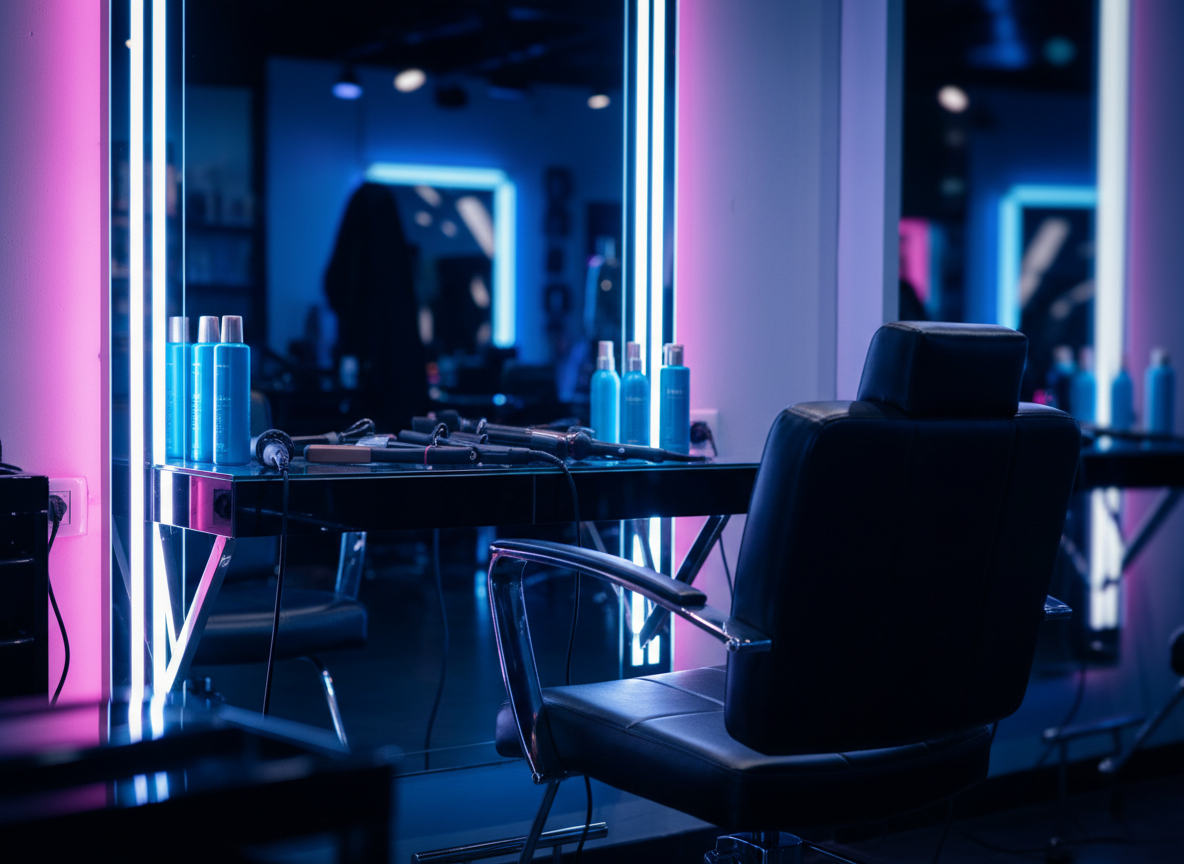 A glossy black salon chair with angular chrome armrests and a high, sculpted backrest, positioned in front of a sleek mirror framed by neon-blue and hot-pink LED strips. On the counter below, metallic styling tools and electric-cobalt product bottles are meticulously arranged on a reflective black glass surface. Bold, saturated accent lights bounce off the chrome and glass, creating sharp highlights and dramatic shadows. The photographic image is shot at eye level with a shallow depth of field, keeping the chair and mirror crisply in focus while the rest of the salon dissolves into a vibrant, electric bokeh. The mood is bold, high-energy, and futuristic, evoking an ‘electric youth’ atmosphere for a modern, professional hair salon.